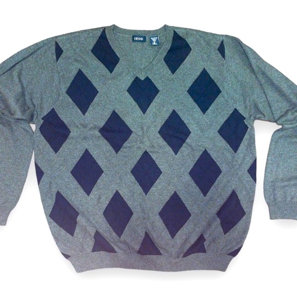 IZOD XL retro uni-sex sweater 100% cotton Grey and navy blue Argyle pattern - Picture 1 of 3